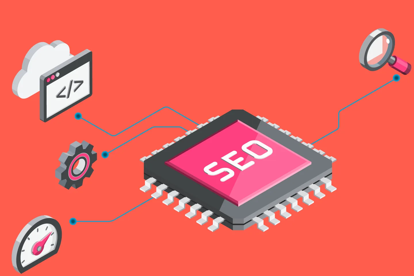 Illustration of search engine optimisation and technical checks.