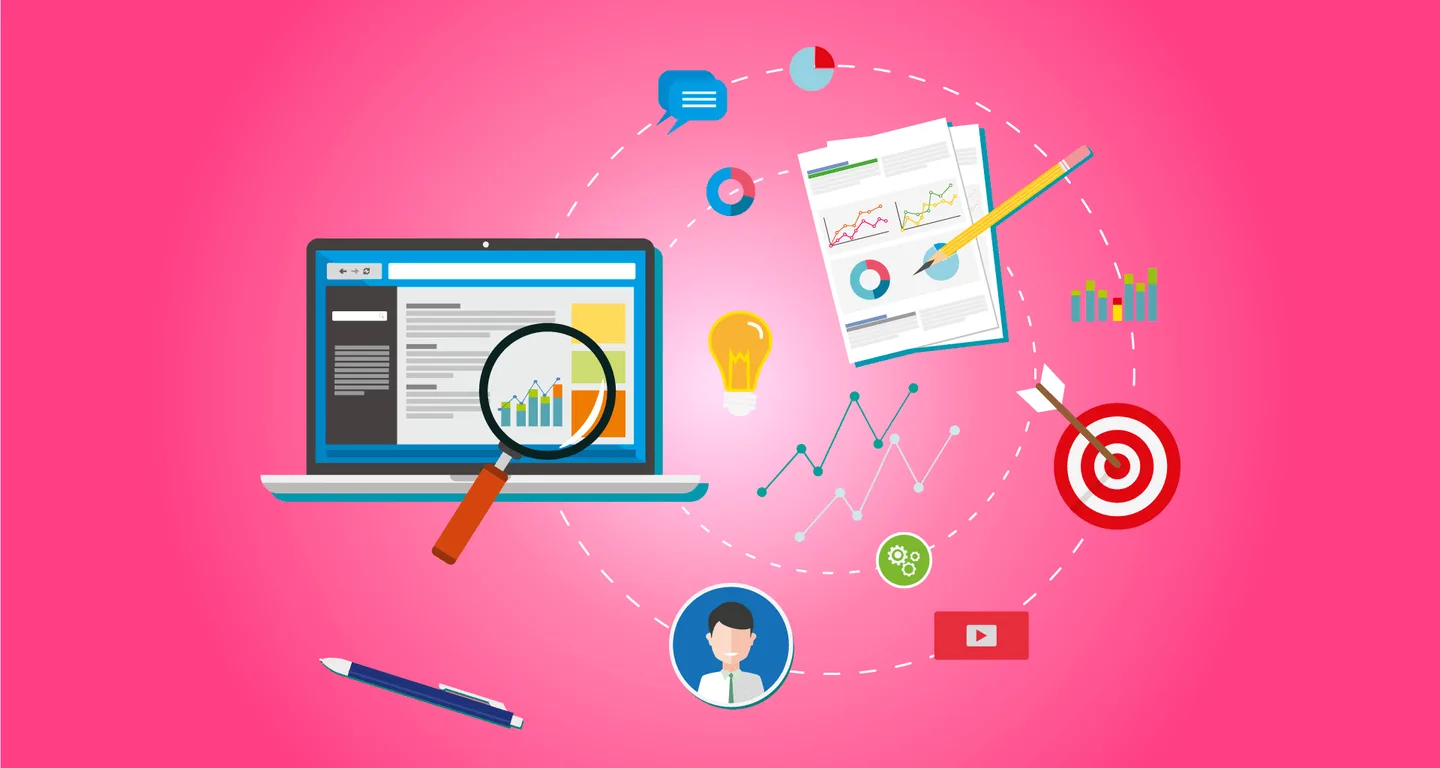 Illustration of a website, contact points and digital marketing.