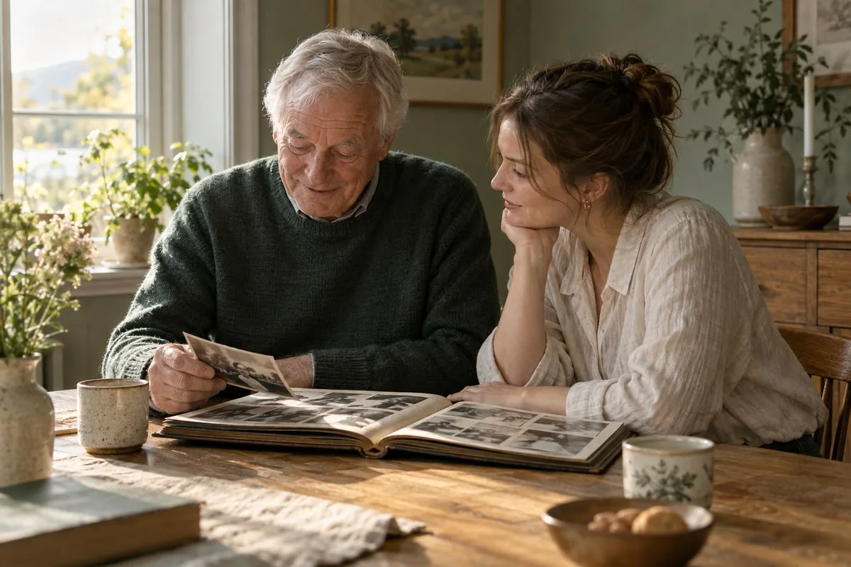 A grandfather and adult grandchild looking at a photo album. AI-generated illustration.