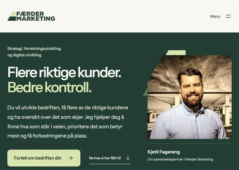 Færder Marketing’s published homepage with its main message, contact button and a portrait of Kjetil Fagereng.