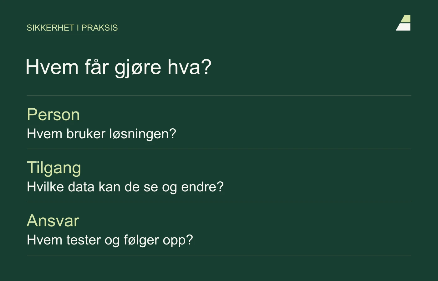 Sikkerhet vurderes gjennom hvem brukeren er, hvilken tilgang brukeren har, og hvem som har ansvar for kontroll og drift.