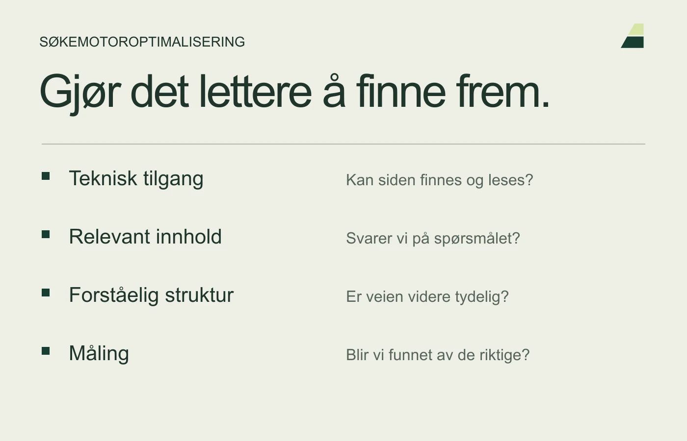 Fire områder i SEO-arbeidet: teknisk tilgang, relevant innhold, forståelig struktur og måling av relevante søk.