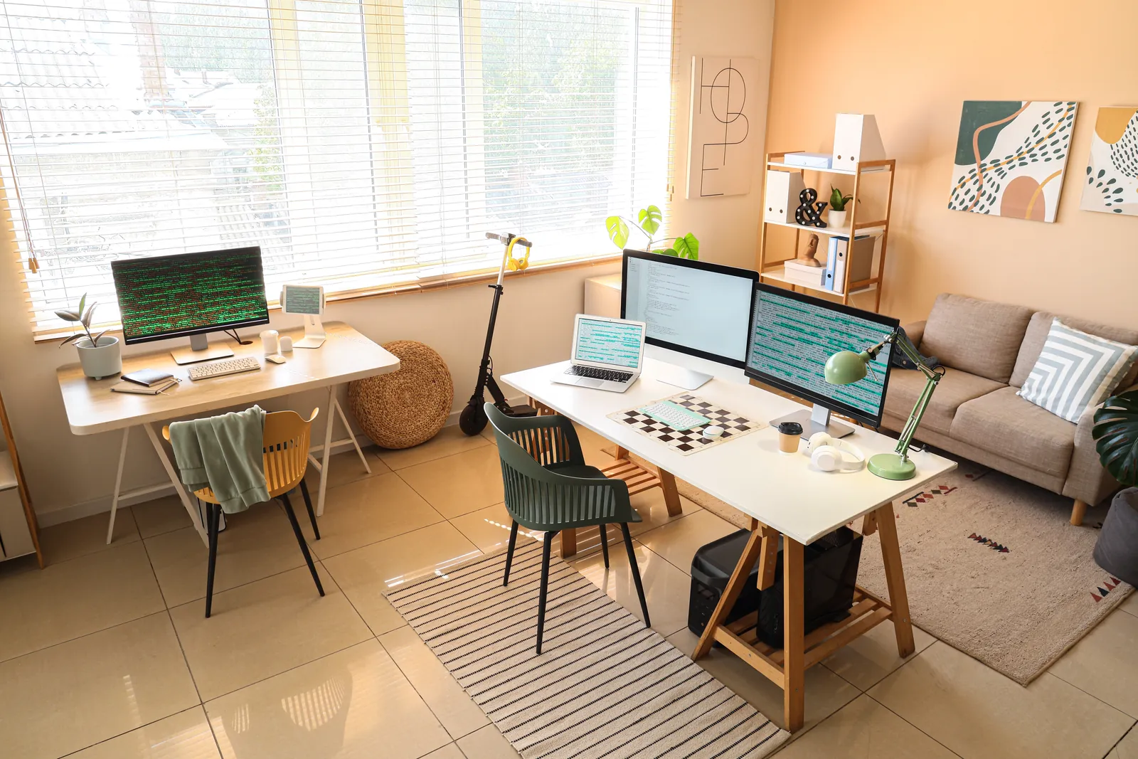 Lyst arbeidsrom med skrivebord, planter og dataskjermer med kode.