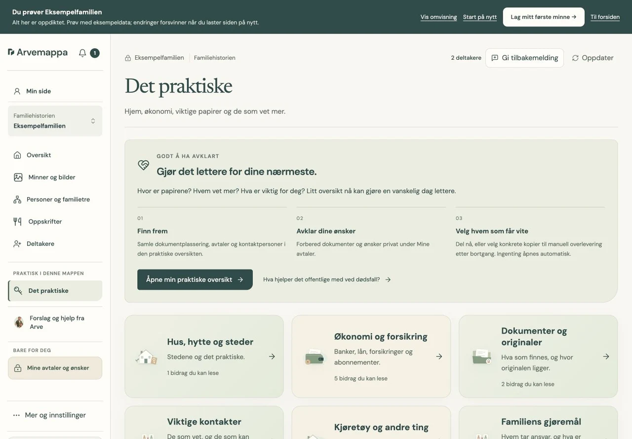 Praktiske samlinger i Arvemappas offentlige demo: hus, hytte, papirer og kontakter. Alt innhold er fiktivt.