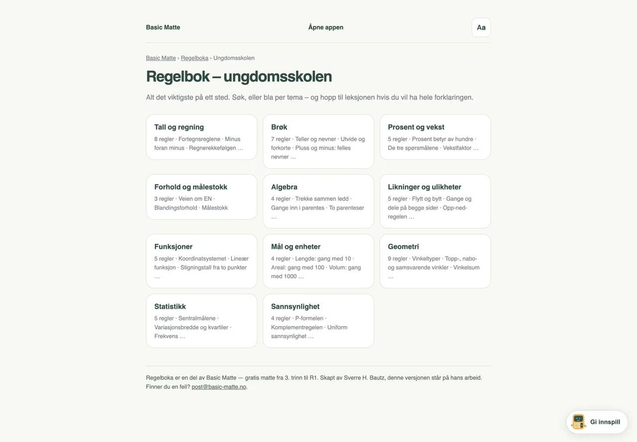 Basic Mattes offentlige regelbok med temaer fra brøk og algebra til geometri og sannsynlighet.