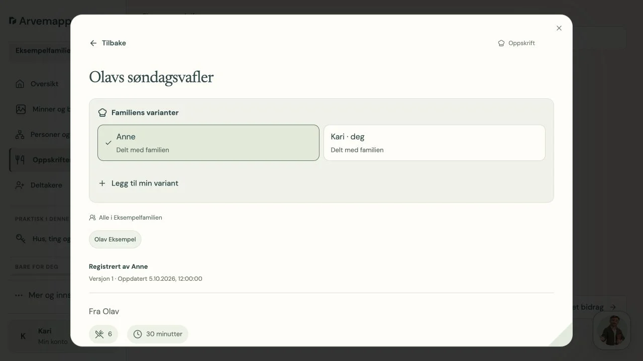 Oppskriftsvisning med familievarianter og historien bak, med fiktive eksempeldata.
