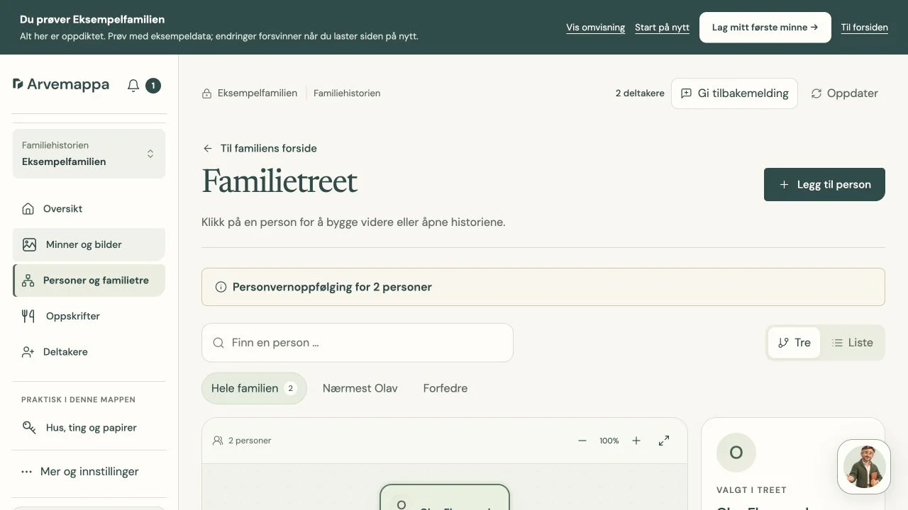 Interaktivt familietre med personvalg, relasjoner og zoom i Arvemappas demo.