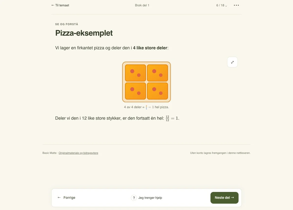 Basic Mattes leksjonsflate med forklaring og neste steg, vist med eksempeløkt.