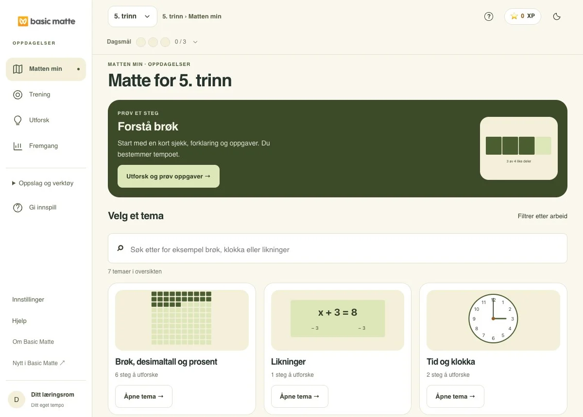Visuell temaoversikt med veier inn til forklaring og trening.