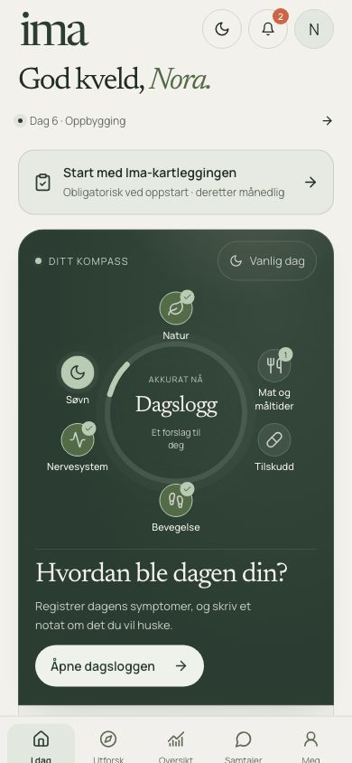 The Ima app’s daily overview with sample data