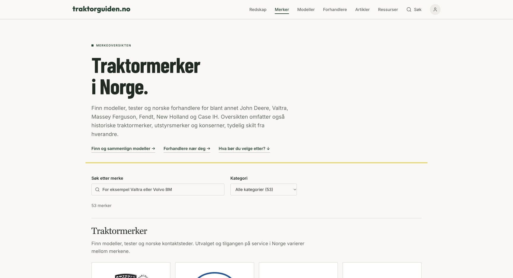 Skjermbilde av merkeoversikten på Traktorguiden, oktober 2026
